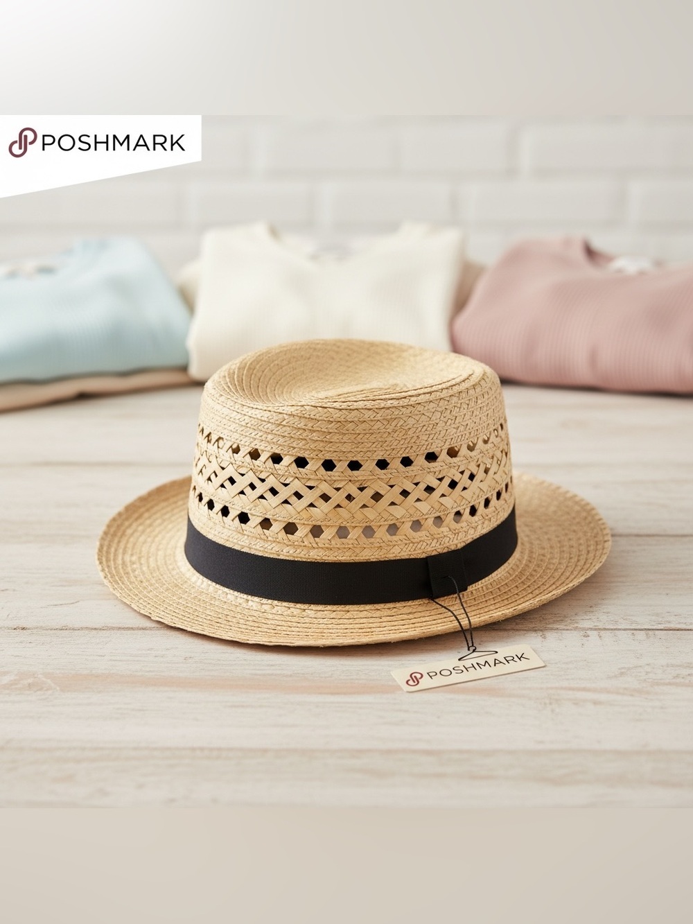 Woven Straw Fedora Hat Tan Black Band Summer Beach Sun Hat